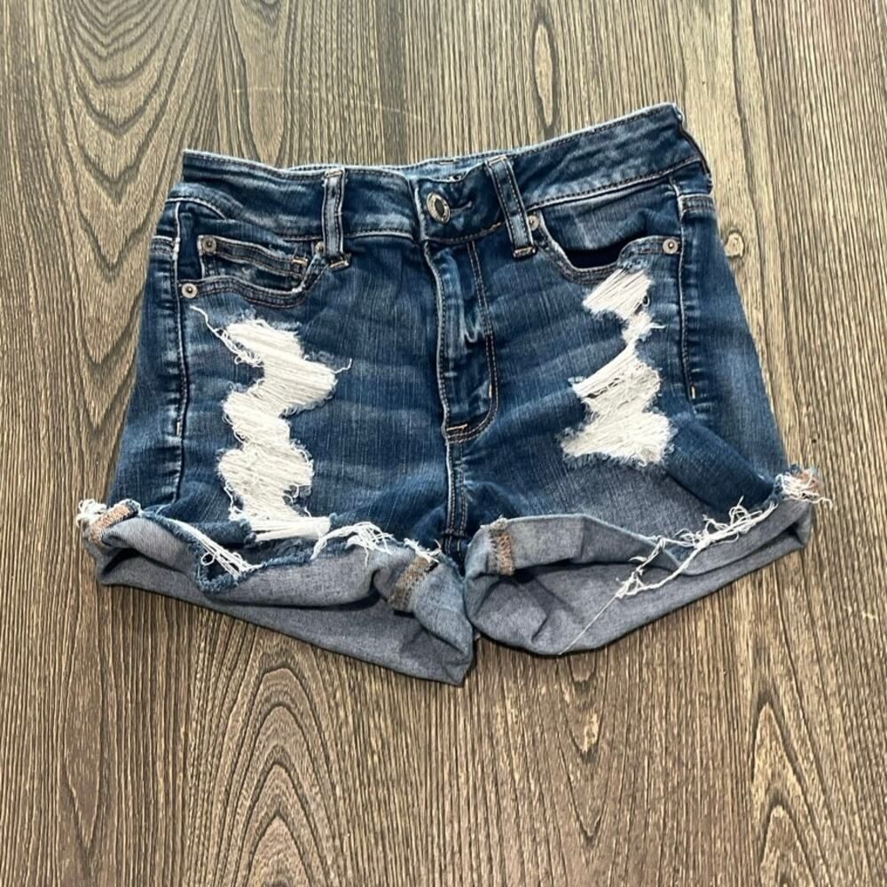 American Eagle Hi-Rise Shortie Shorts Distressed Denim Dark Wash Blue Size 4